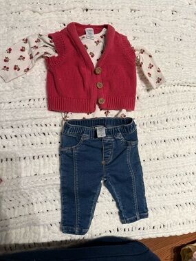 Carter's Pink Knit Vest, Floral Top & Blue Denim Leggings Set
